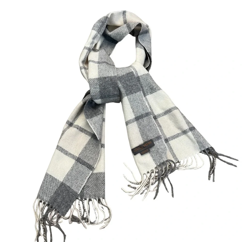 Louisa Perini 100% Cashmere Cream & Gray Windowpane Plaid Scarf